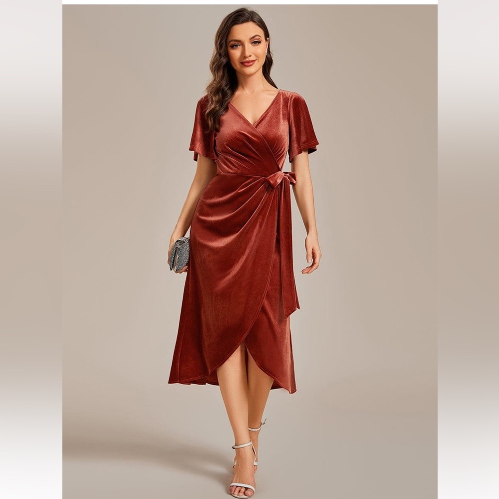 Ever-Pretty Rust Velvet Wrap Midi Dress